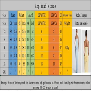 Guide des tailles détaillé pour la robe longue sans manches avec échelles UE/USA/UK