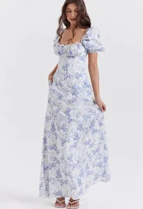 Elegant full-length view of a blue and white floral maxi dress featuring puff sleeves