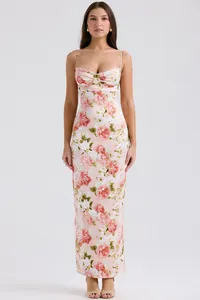 Elegant floral print maxi dress with lace trim and slim fit silhouette for summer