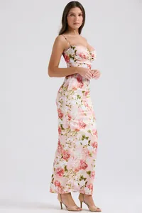 Elegant pink floral print maxi dress with delicate lace trim and slim fit silhouette
