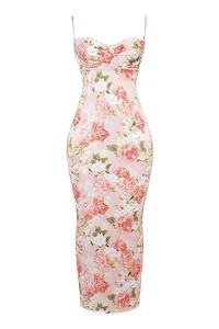 Detail of a pink floral print bodycon maxi dress with delicate lace trim and pleated bust