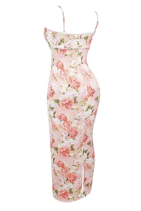 Back view of a pink floral maxi dress featuring elegant lace trim and a stylish slit