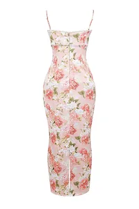 Back view detail of pink floral print slim maxi dress with lace trim and slit