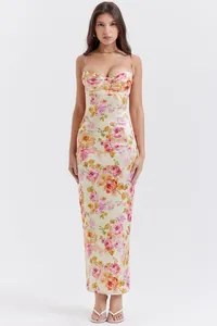 Elegant floral print slim fit maxi dress with lace trim and pleated bust detail for summer