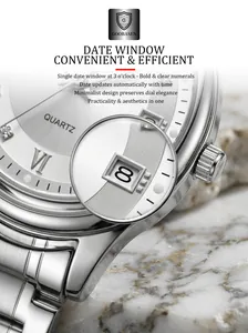 Detailed view of the date display window on a sleek silver quartz watch for women