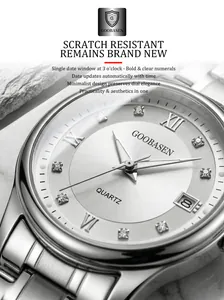 Macro detail of GOOBASEN women's quartz watch featuring silver dial and date window.