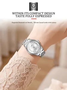 Elegant GOOBASEN women's silver quartz watch with calendar on wrist detail