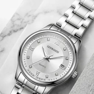 Elegant Goobasen women's quartz watch with silver Roman dial and date window.