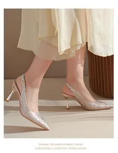 Side view of silver glitter pointed-toe slingback pumps for women's spring fashion