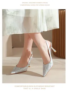 Model wearing silver glitter pointed-toe slingback high heels for a stylish spring look.
