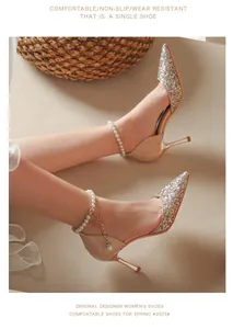 Detailed view of pointed toe stiletto pumps with champagne glitter and pearl ankle strap