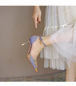 Close-up of elegant pointed-toe stiletto heels with ankle strap and charm details.