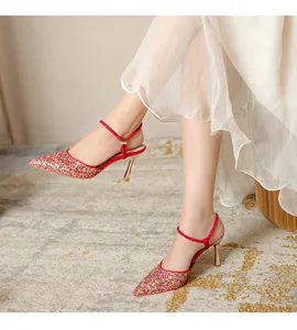 Elegant fairy style pointed-toe glitter high heels with ankle straps and metallic slim heels