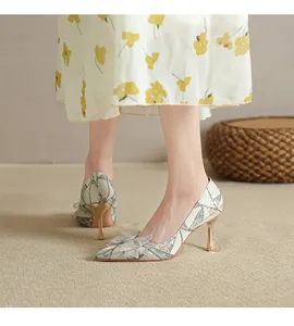 Detailed view of elegant French pointed-toe high heels with a delicate bow ornament