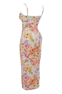 Elegant slim fit floral print milk silk maxi dress with lace trim and back slit details