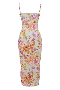 Detail view of back zipper and slit on floral print lace trim bodycon maxi dress.