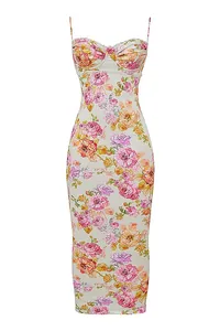 Detail view of floral print milk silk bodycon dress featuring delicate lace trim.