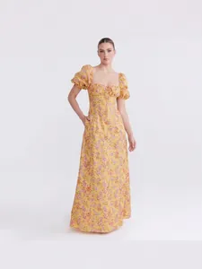 Yellow floral puff sleeve maxi dress with square neckline and sweet fresh style
