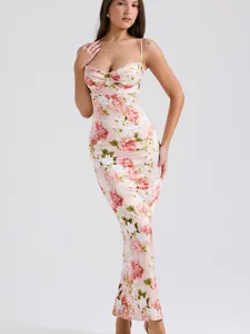 Floral Print Ruched Maxi Dress With Lace Trim Milk Silk Fabric Sexy Bodycon Long Cami Dress For Women Summer Beach Party