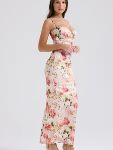 Elegant pink floral print maxi dress featuring lace trim and milk silk fabric texture.