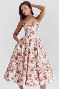 Elegante Franse midi-jurk met bloemenprint, baleinen taille en dunne schouderbandjes