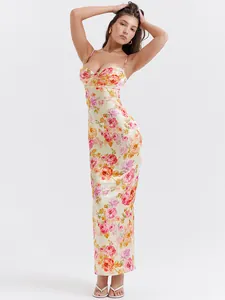 Summer floral print milk silk slim fit maxi dress with lace trim and gathered bust