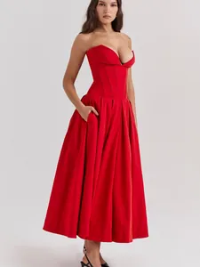 Γυναικείο Sexy Midi Φόρεμα Κορσές με Μπανέλες Στράπλες Λαιμόκοψη Καρδιά Ψηλόμεσο Μεγάλη Κλος Φούστα Πλισέ Μονόχρωμο Φόρεμα Πάρτι Με Τσέπες