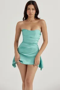 Elegant mint green strapless corset mini dress with satin ruched detailing for parties