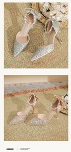 Elegant bridal high heels featuring sparkling sequins and delicate pearl ankle straps