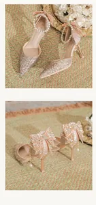 Close-up views of champagne sequined bridal heels featuring pearl straps and sparkly bows