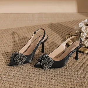 Women Elegant Satin Pointed Toe Stiletto Slingback Pumps Rhinestone Bow Sparkly High Heels Wedding Party Banquet Office Shoes