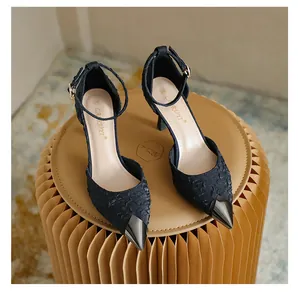 Elegant pointed toe kitten heels with metallic tip and adjustable ankle strap