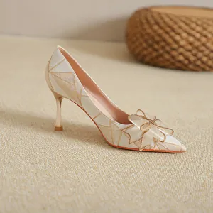 French Style Stiletto Heels For Women Pointed Toe Satin Wedding Party Shoes Elegant Butterfly Bow Pumps