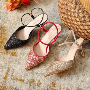 Elegant pointed-toe glitter pumps with rhinestone straps in three colors