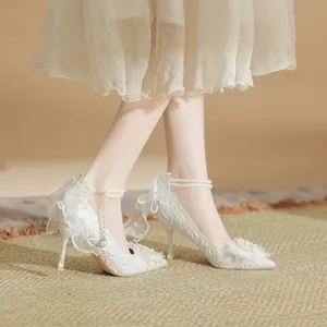 French Fairy Style White High Heels For Women Elegant Lace Artificial Pearl Stiletto Bridal Wedding Party Shoes Pointed Toe