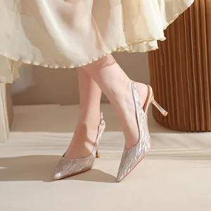 Elegant champagne glitter pointed toe slingback high heels with sexy slender heels