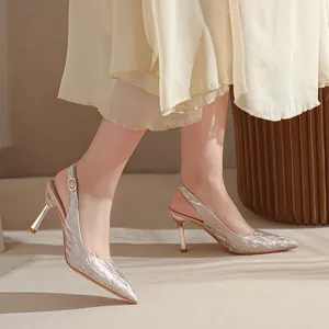 Elegant silver glitter pointed toe slingback high heels with stiletto heel for women