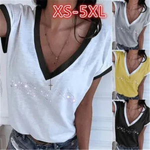 T-shirt femme à col V avec décorations en strass et bordures contrastées, XS à 5XL