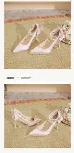 Elegant champagne bridal high heels with pearl ankle straps and silk bow decorations
