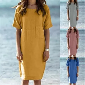 Robe midi ample en lin à manches courtes pour femmes, disponible en jaune, gris, rose et bleu