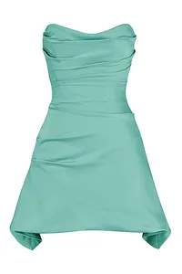 Detailed view of turquoise strapless mini dress with elegant pleats and structured bodice