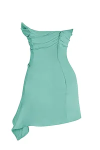 Back detail view of seafoam green strapless bodycon mini dress featuring hidden zipper