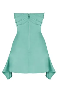 Detailed back view of a mint green strapless mini dress featuring a concealed zipper