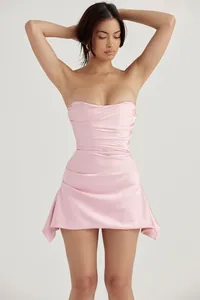 Detail showing the elegant pink satin strapless corset mini dress for party wear