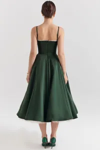 Elegant dark green French midi dress with corset waist and large swing skirt, back view