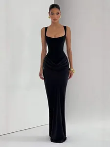 Robe Maxi Élégante à Corset Sexy pour Femmes Sans Manches Col Carré Plissée Moulante Longue de Soirée