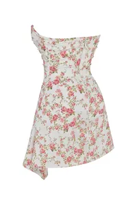Detail view of floral corset mini dress featuring back zipper and asymmetrical hem.