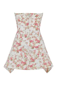 Back view of a floral corset tube mini dress with a zip closure and rose print.
