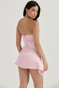 Back view of a chic pink satin strapless corset mini dress with flattering slim fit