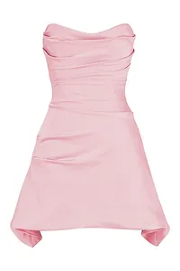 Elegant pink satin strapless mini dress featuring a pleated boned bodice for a chic look